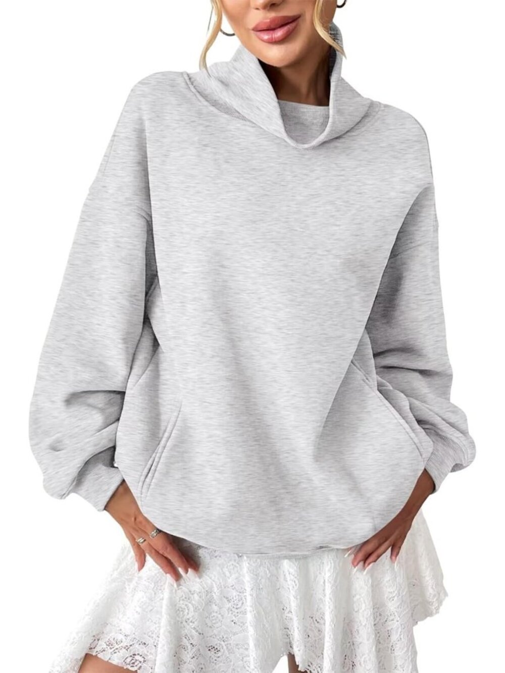 Cozy Oversized Fleece Sweatshirt with Pockets | Trendy Turtleneck Pullover Top